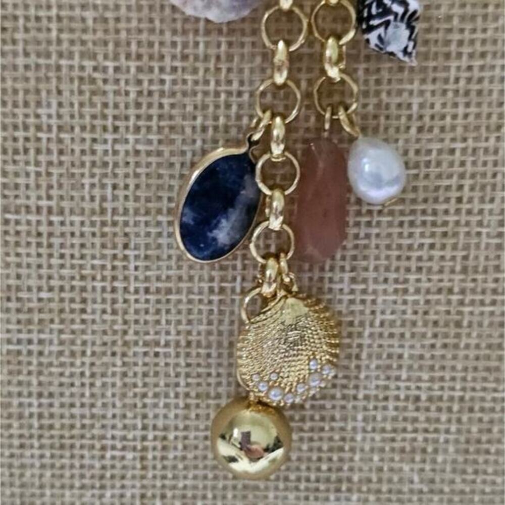 J. Crew Nautical Gold Shell Charm Necklace Stone Pearl Coastal Statement Jewelry - Picture 7 of 8